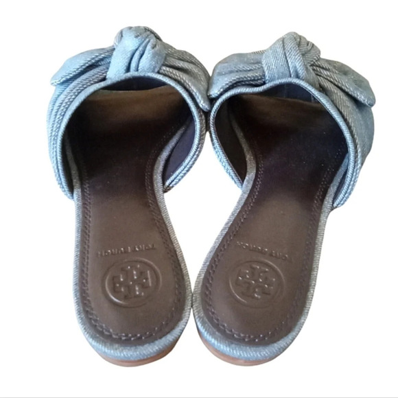 Tory Burch Annabelle Blue Denim Chambray Bow Detail Slide Sandals Size 5.5 New - Picture 5 of 9